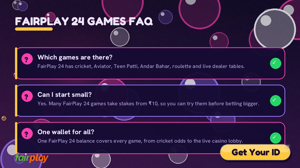 FairPlay 24 games help card listing Aviator, Teen Patti and cricket exchange questions