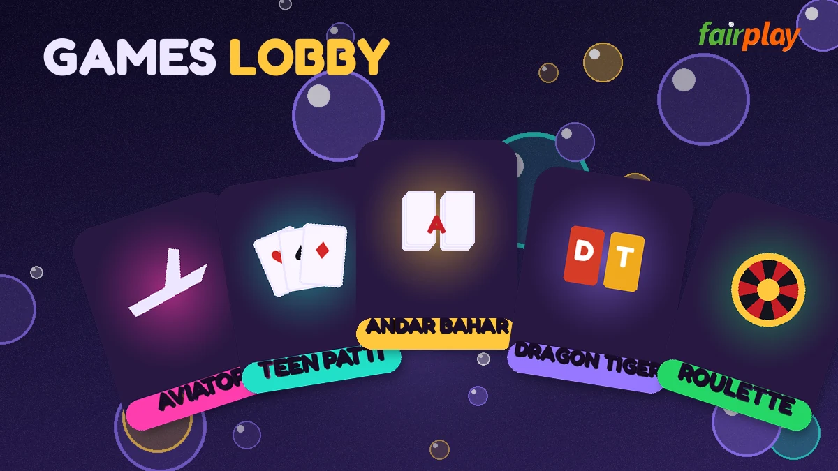 FairPlay 24 games grid showing Aviator, Teen Patti, Andar Bahar, Dragon Tiger, cricket exchange and slots tiles