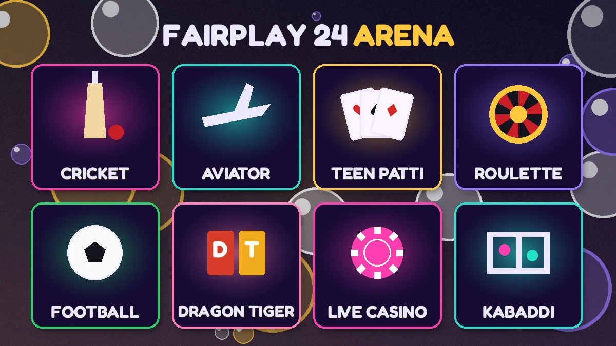 FairPlay 24 games grid — cricket exchange, Aviator, Teen Patti and live casino tiles