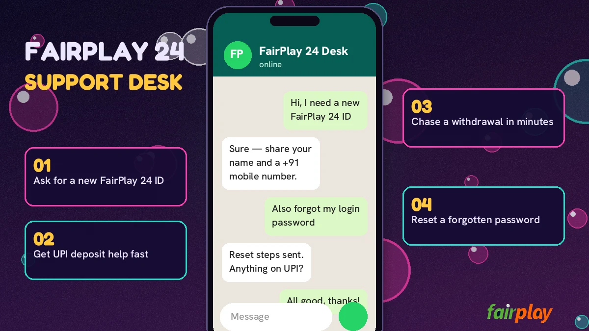 A FairPlay 24 support chat with account ID and issue in the first message